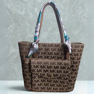 Michael Kors, Jet Set Pocket Tote Bag, Large Brown Beige Logo Jacquard